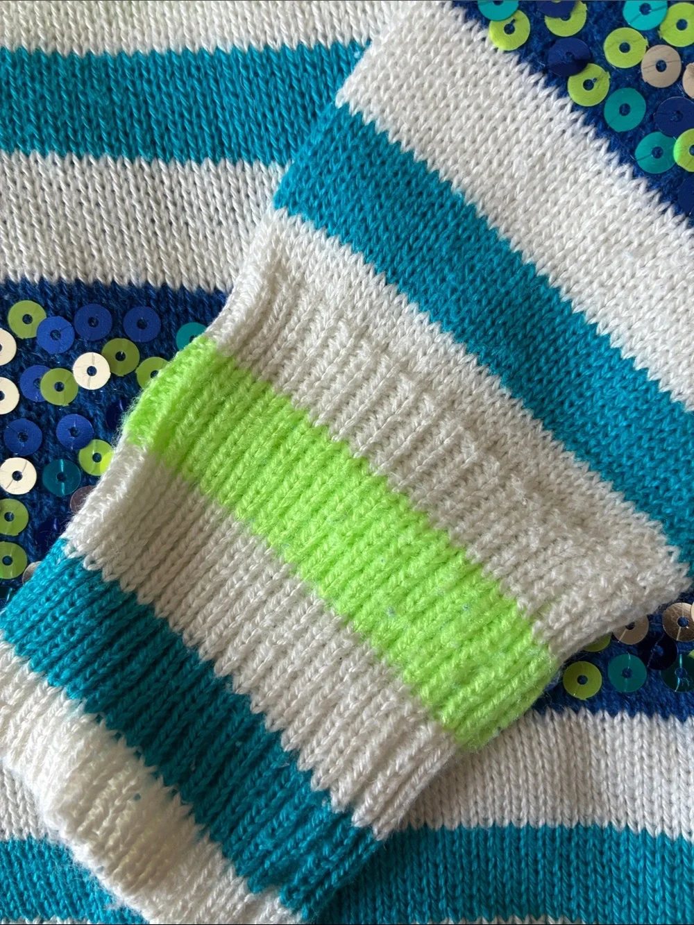Justice Striped Hooded Sweater in White, Teal & Lime with Sequins